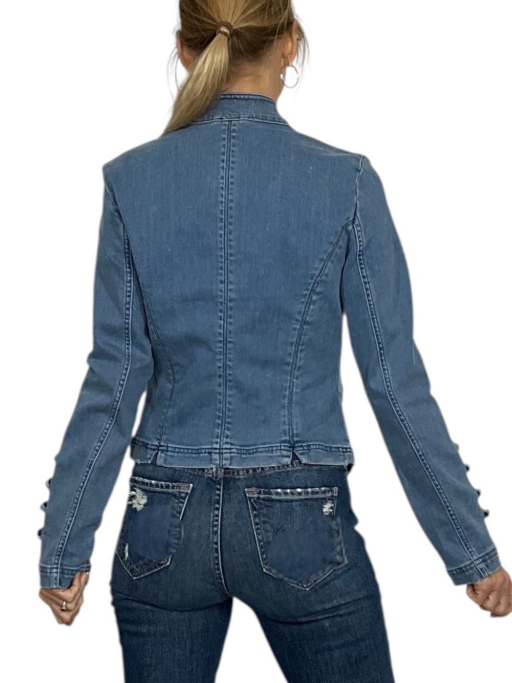 Free People Fitted Military Denim Jacket S Blue Cropped - Picture 3 of 16